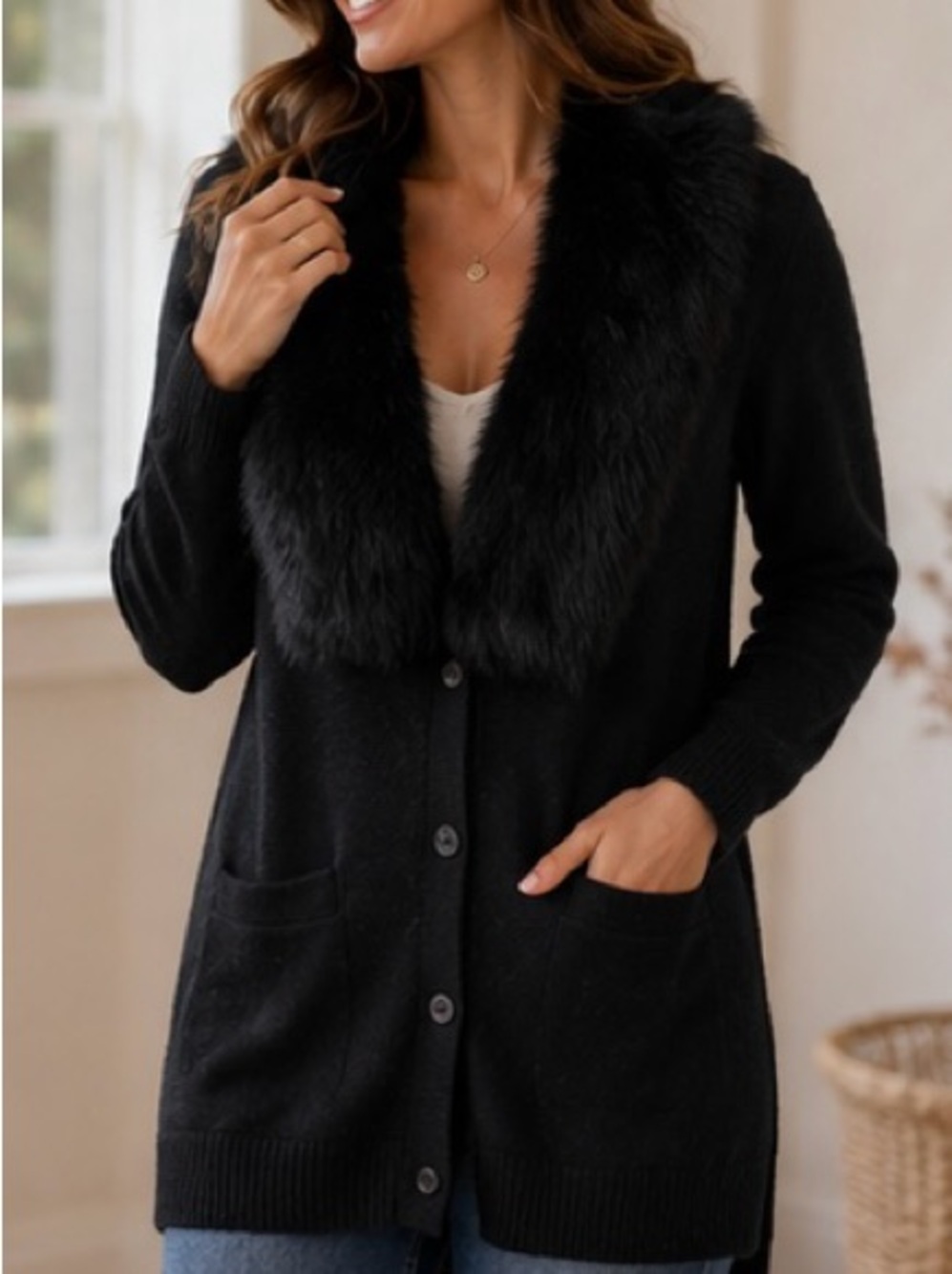 Black Faux-Fur Collar Button Cardigan Sweater